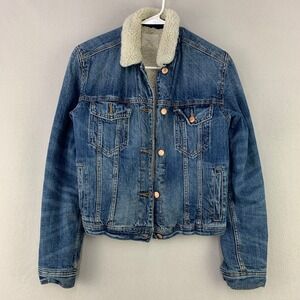 American Eagle Sherpa Jean Jacket Women Medium Blue Denim Trucker Retro Biker